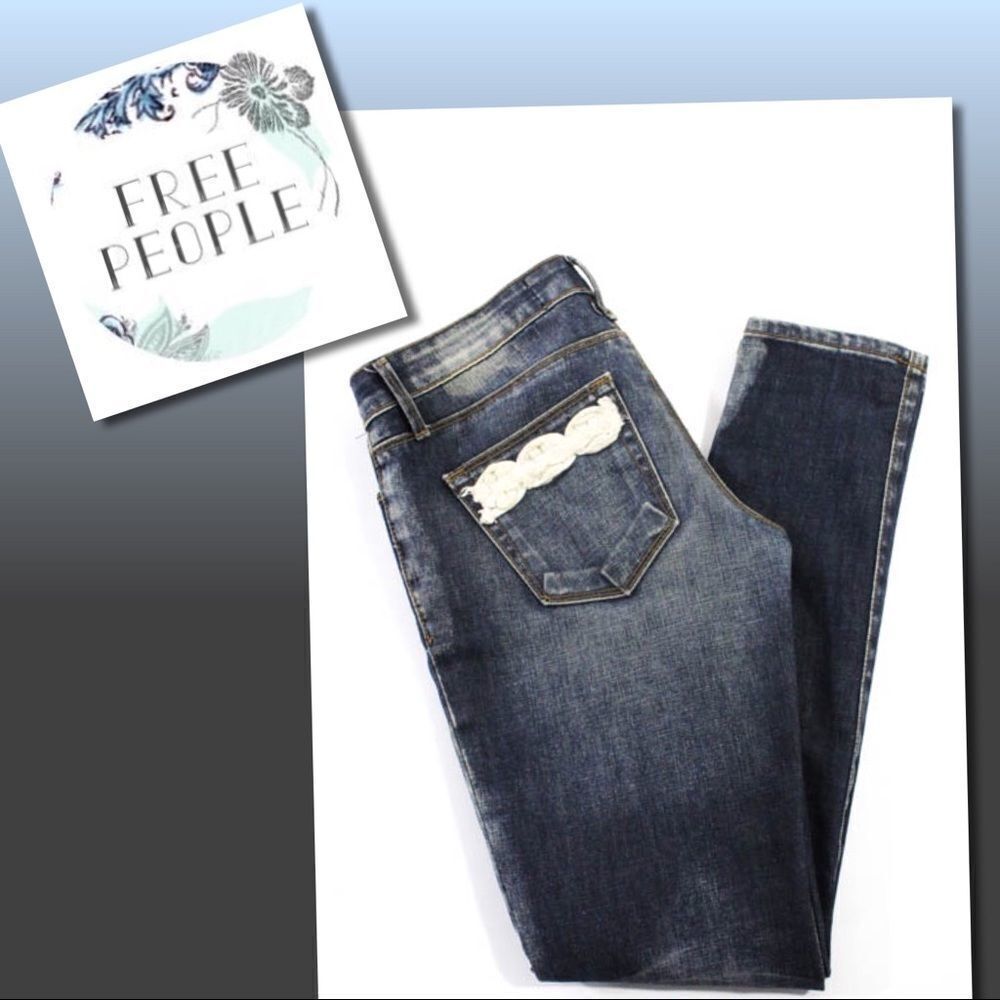 Free People Acid Washed Crochet Skinny Jeans 26
